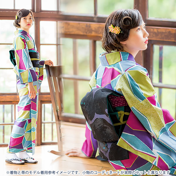 新品　KIMONOMACHI きもの町　洗える　パープル×グリーン幾何学　L 新品 KIMONOMACHI きもの町 洗える パープル×グリーン幾何学 L