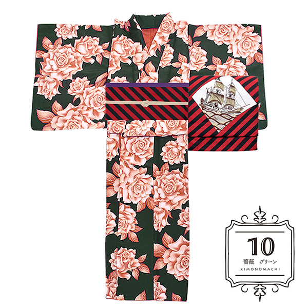 10薔薇　グリーン：袷着物＋京袋帯＋帯揚げ＋帯締めのセット