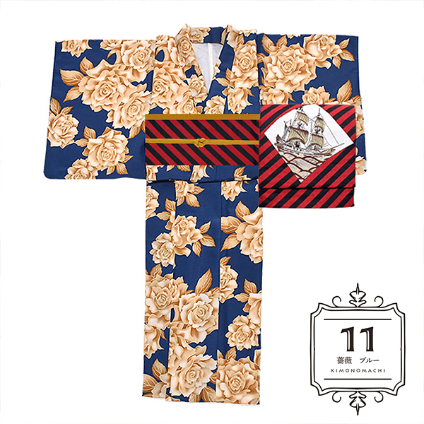 11薔薇　ブルー：袷着物＋京袋帯＋帯揚げ＋帯締めのセット