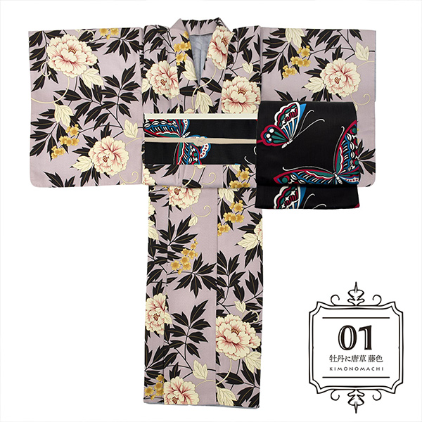 01牡丹に唐草　藤色：袷着物＋京袋帯＋帯揚げ＋帯締めのセット
