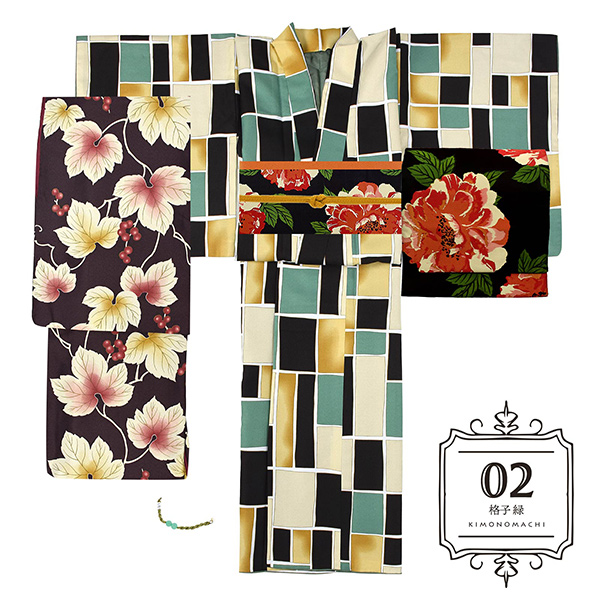 02格子　緑：袷着物＋京袋帯＋帯揚げ＋帯締め＋羽織＋羽織紐のセット
