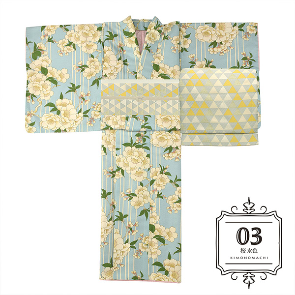 03桜　水色：袷着物＋京袋帯＋帯揚げ＋帯締めのセット