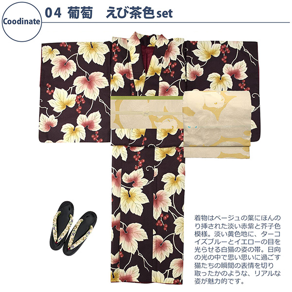 04葡萄　えび茶色：袷着物＋京袋帯＋帯揚げ＋帯締め＋草履のセット