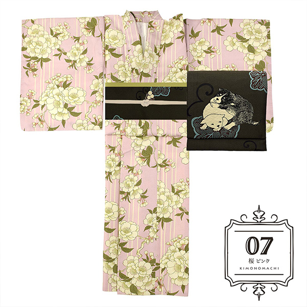 07桜　ピンク：袷着物＋京袋帯＋帯揚げ＋帯締めのセット