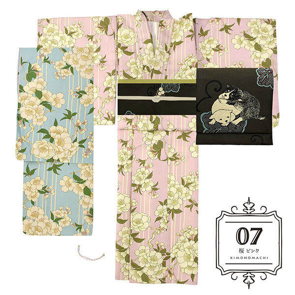 07桜　ピンク：袷着物＋京袋帯＋帯揚げ＋帯締め＋羽織＋羽織紐のセット