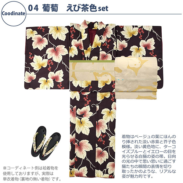 04葡萄　えび茶色：単衣着物＋京袋帯＋帯揚げ＋帯締め＋草履のセット