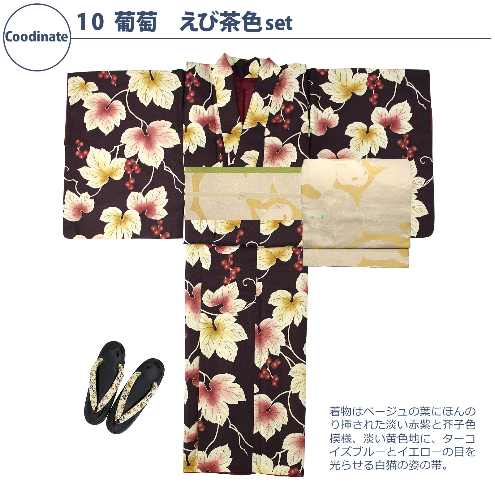 10葡萄 えび茶色：袷着物＋京袋帯＋帯揚げ＋帯締め＋草履のセット