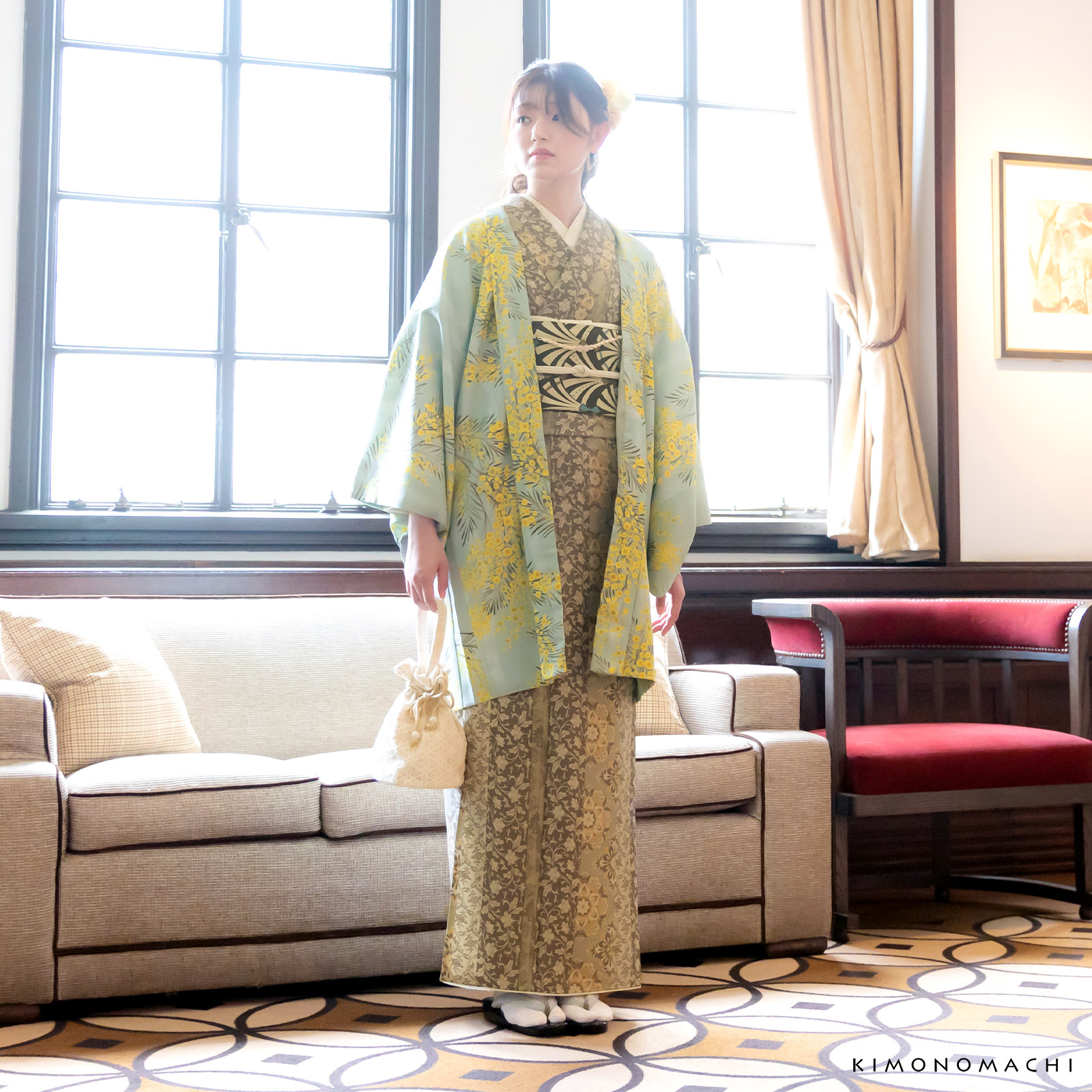 Aミモザに立涌 錆青磁色