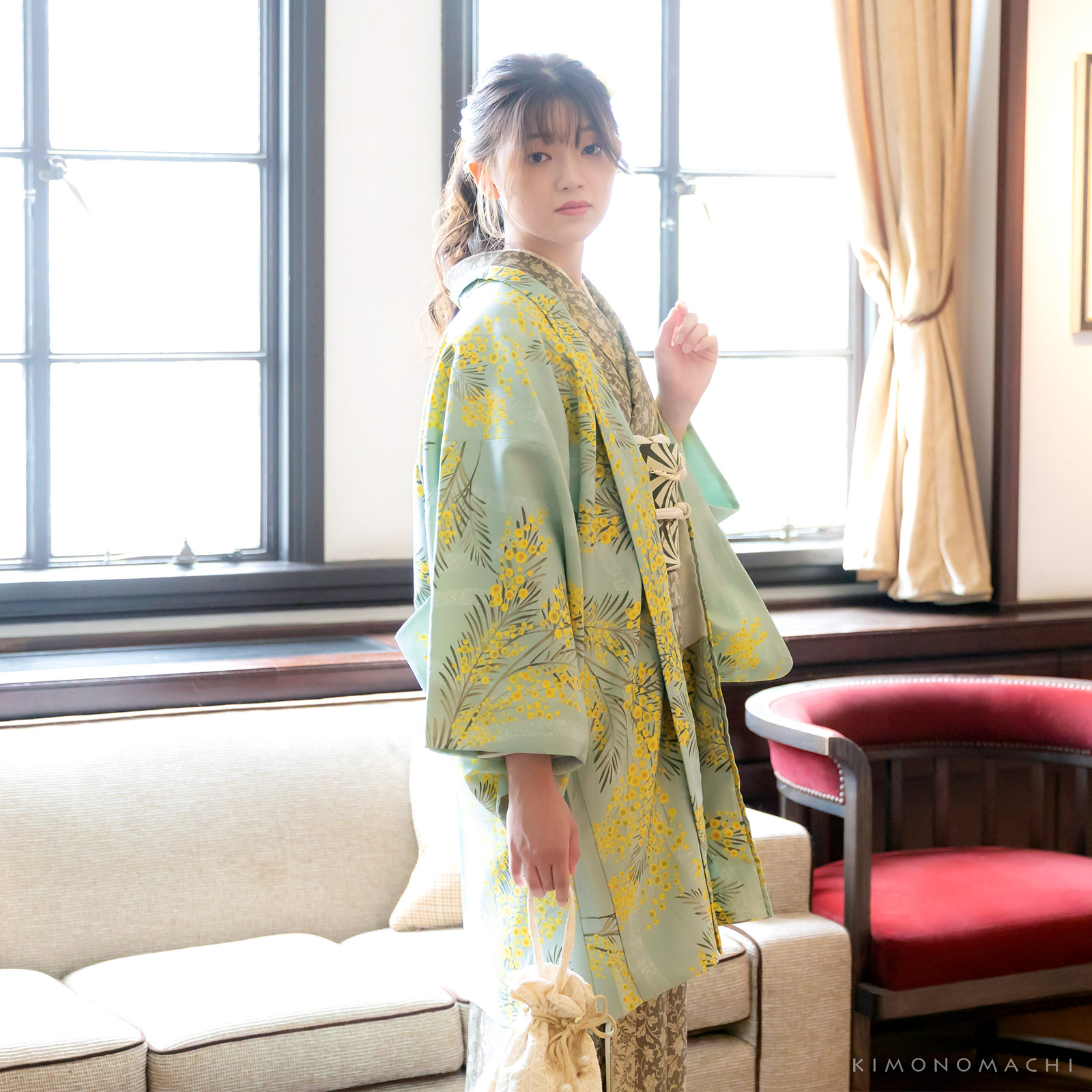 Aミモザに立涌 錆青磁色