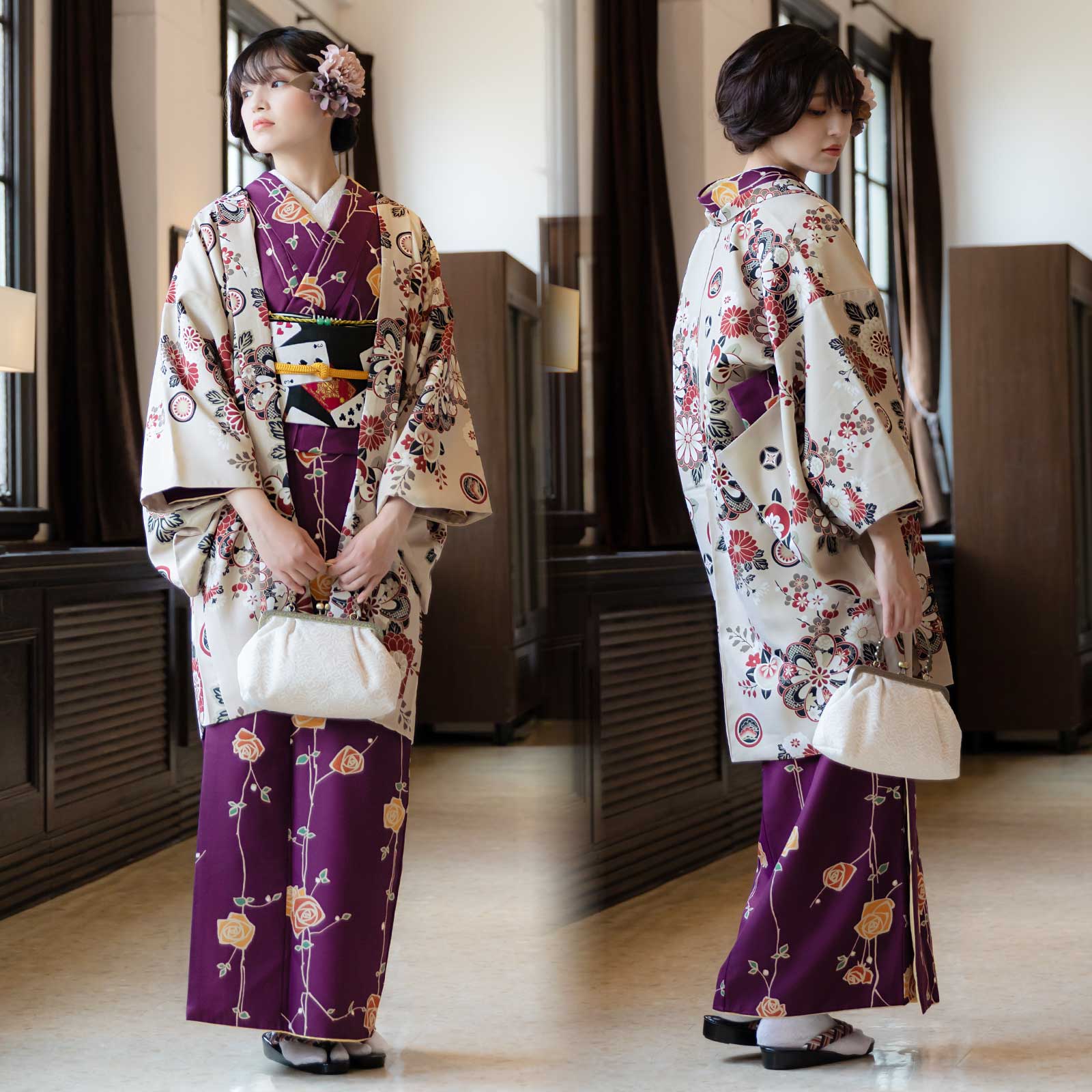 02ばら 紫色set：KIMONOMACHI オリジナル はじめてのきもの 羽織付き