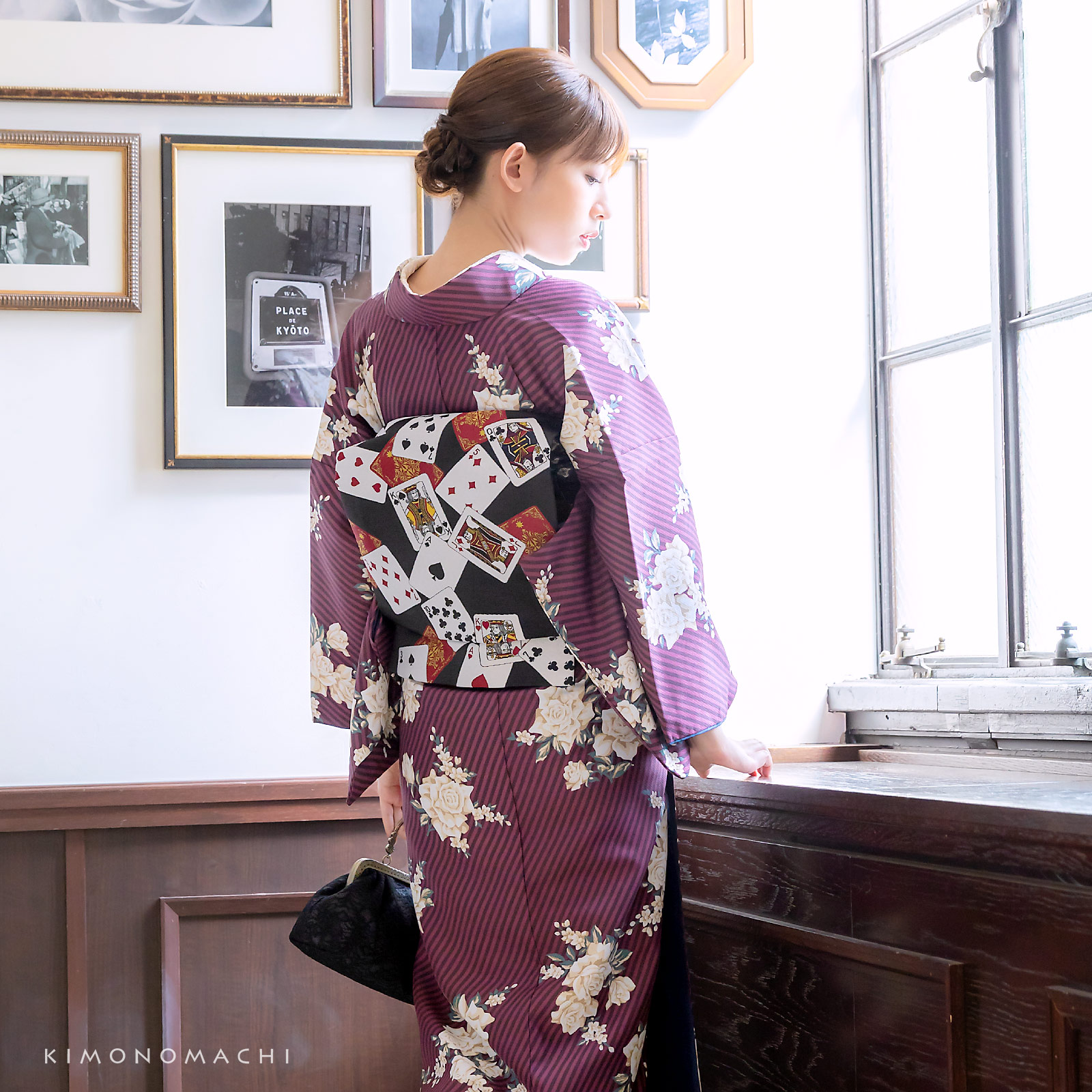 07ストライプブーケ プラム：KIMONOMACHI オリジナル 袷着物単品