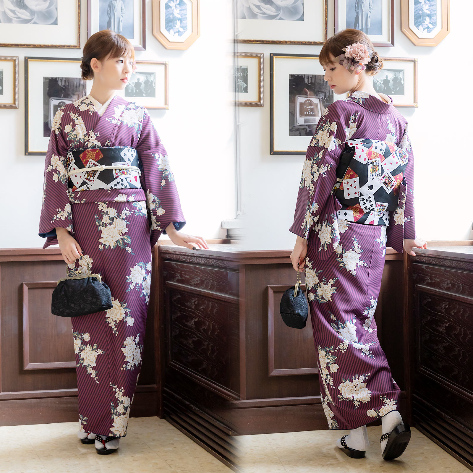 07ストライプブーケ プラム：KIMONOMACHI オリジナル 袷着物単品