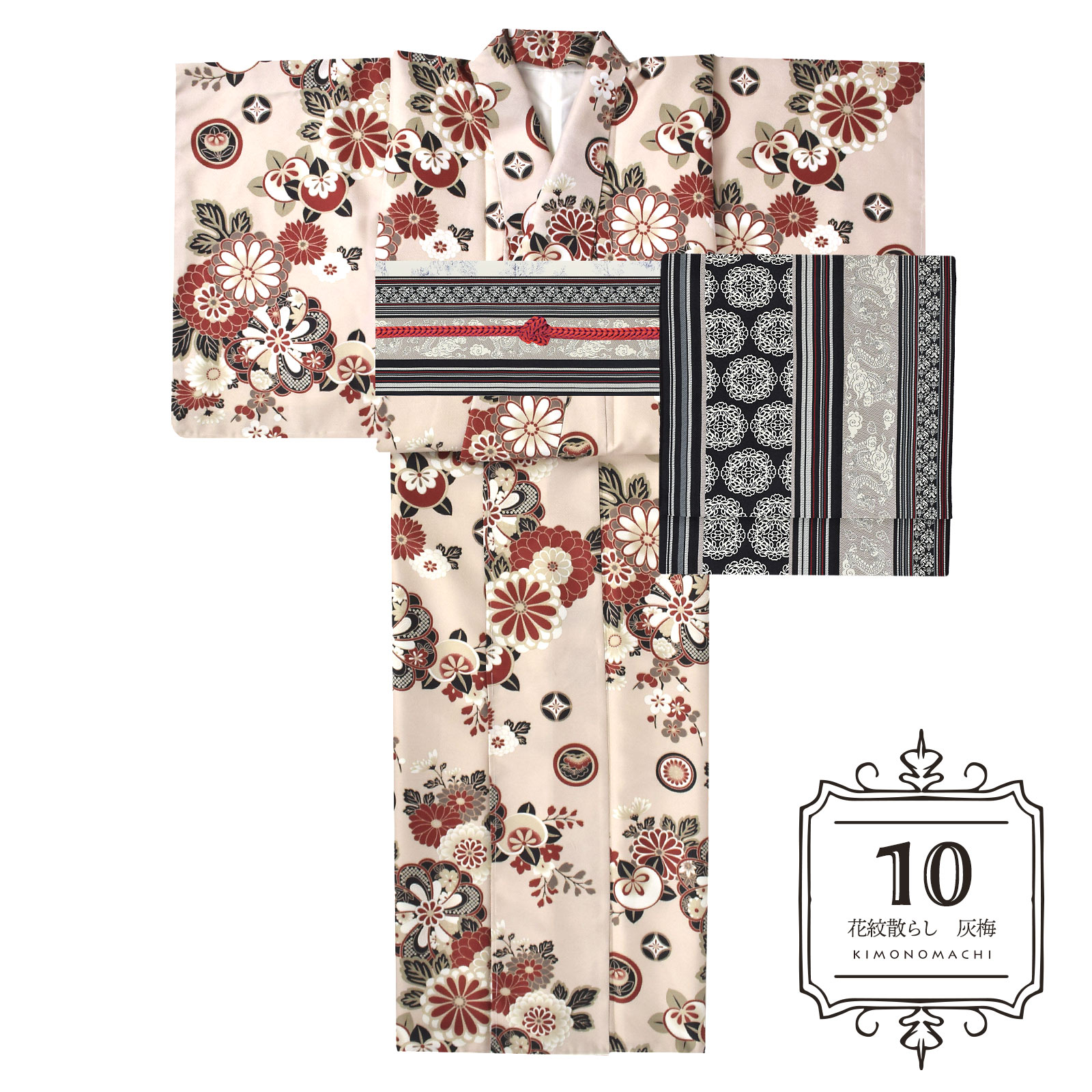 10花紋散らし　灰梅：袷着物＋京袋帯＋帯揚げ＋帯締めのセット