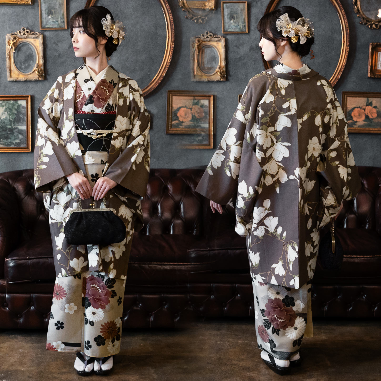 07雲に牡丹、花紋　利休白茶色：羽織付きセット