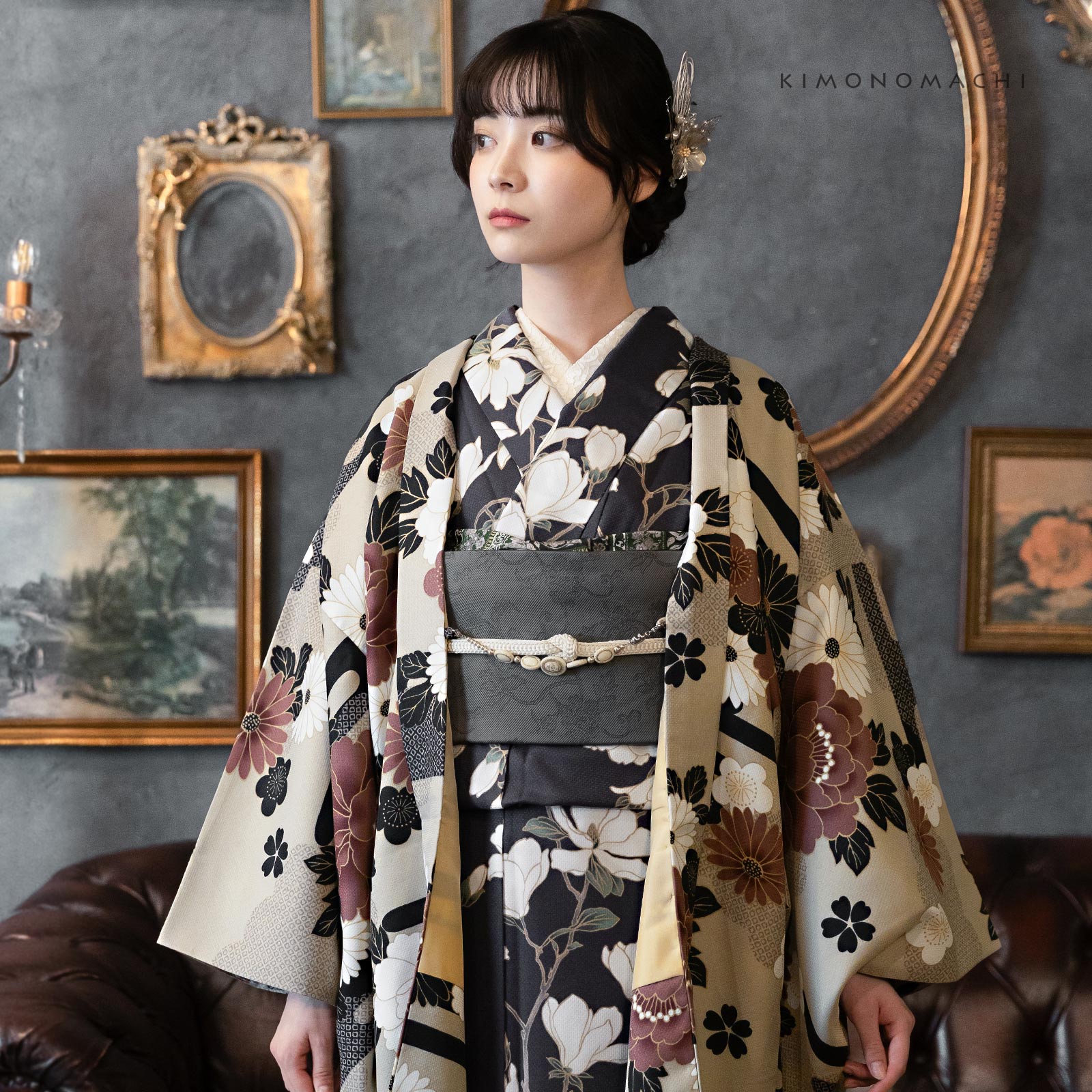 07雲に牡丹、花紋 利休白茶色