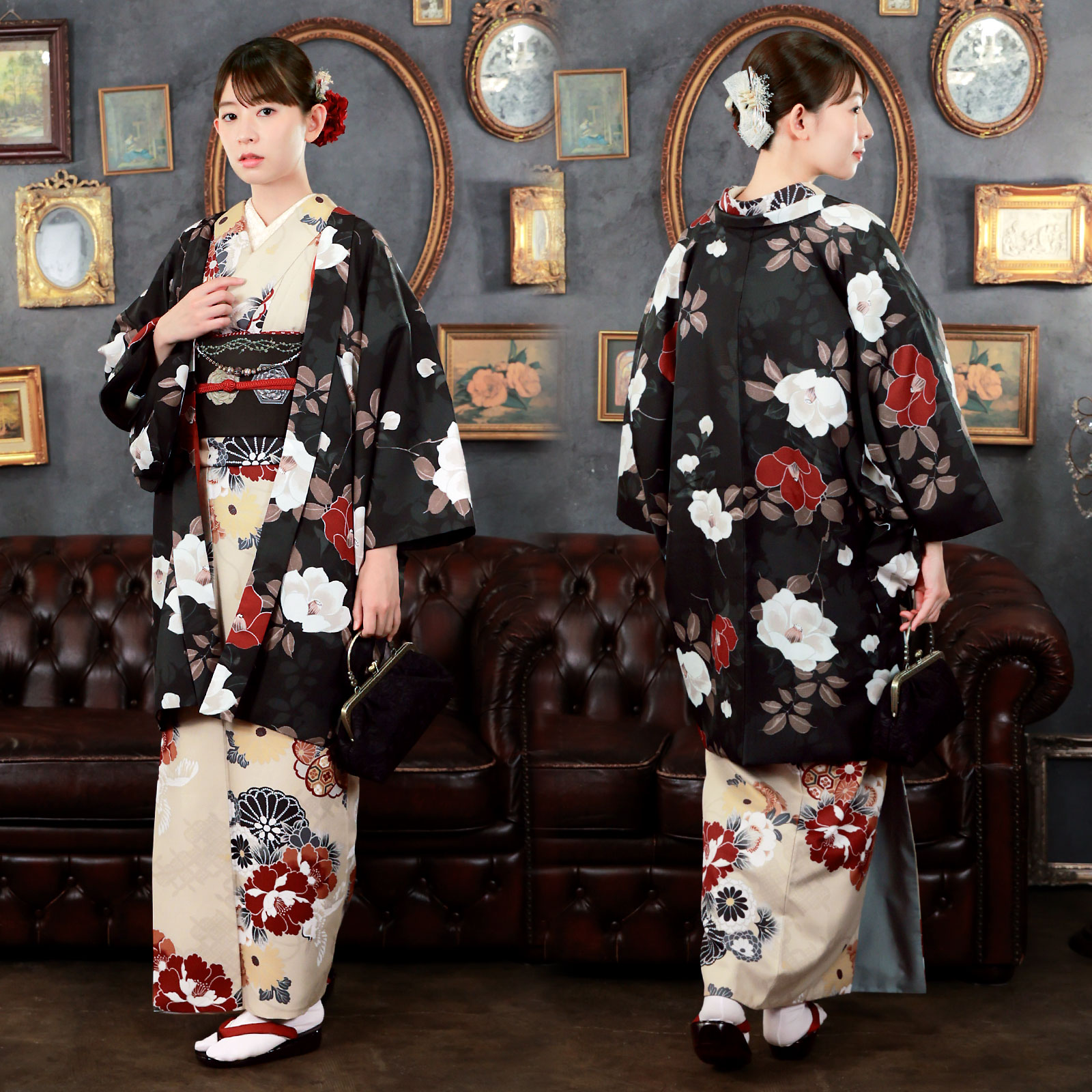 01鶴に花紋、ねじ桜　ベージュ：羽織付きセット