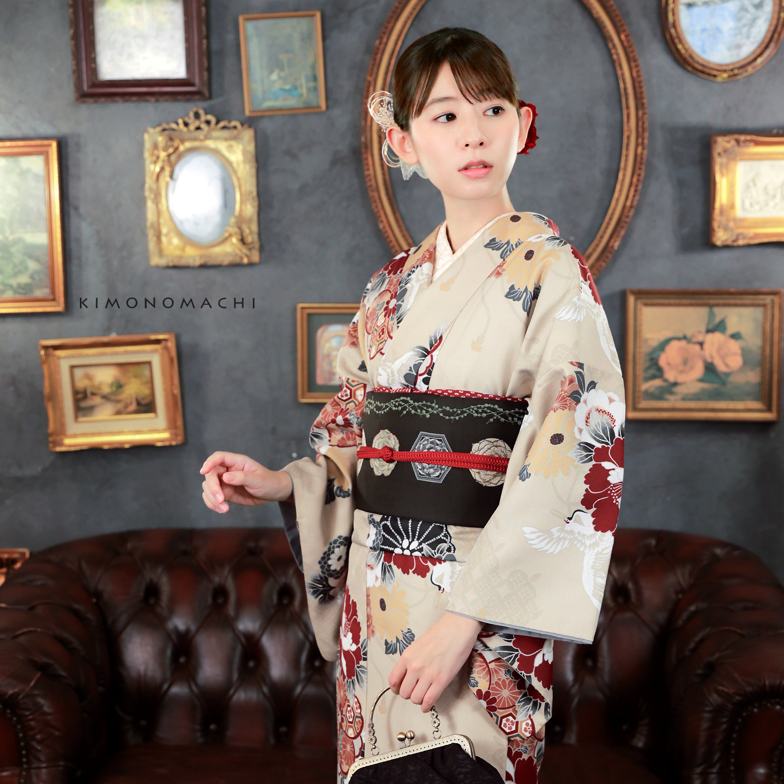 01鶴に花紋、ねじ桜　ベージュ