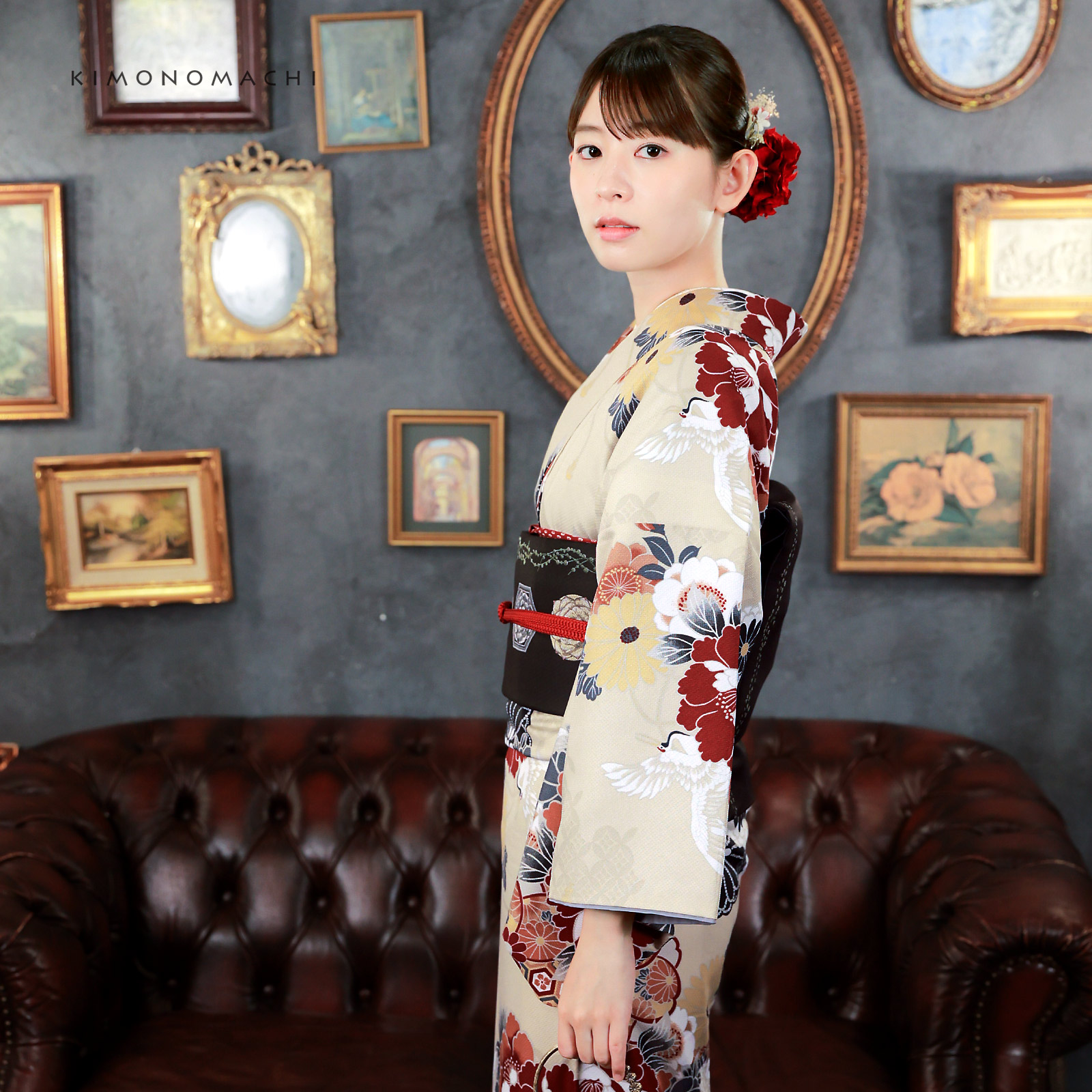 01鶴に花紋、ねじ桜　ベージュ