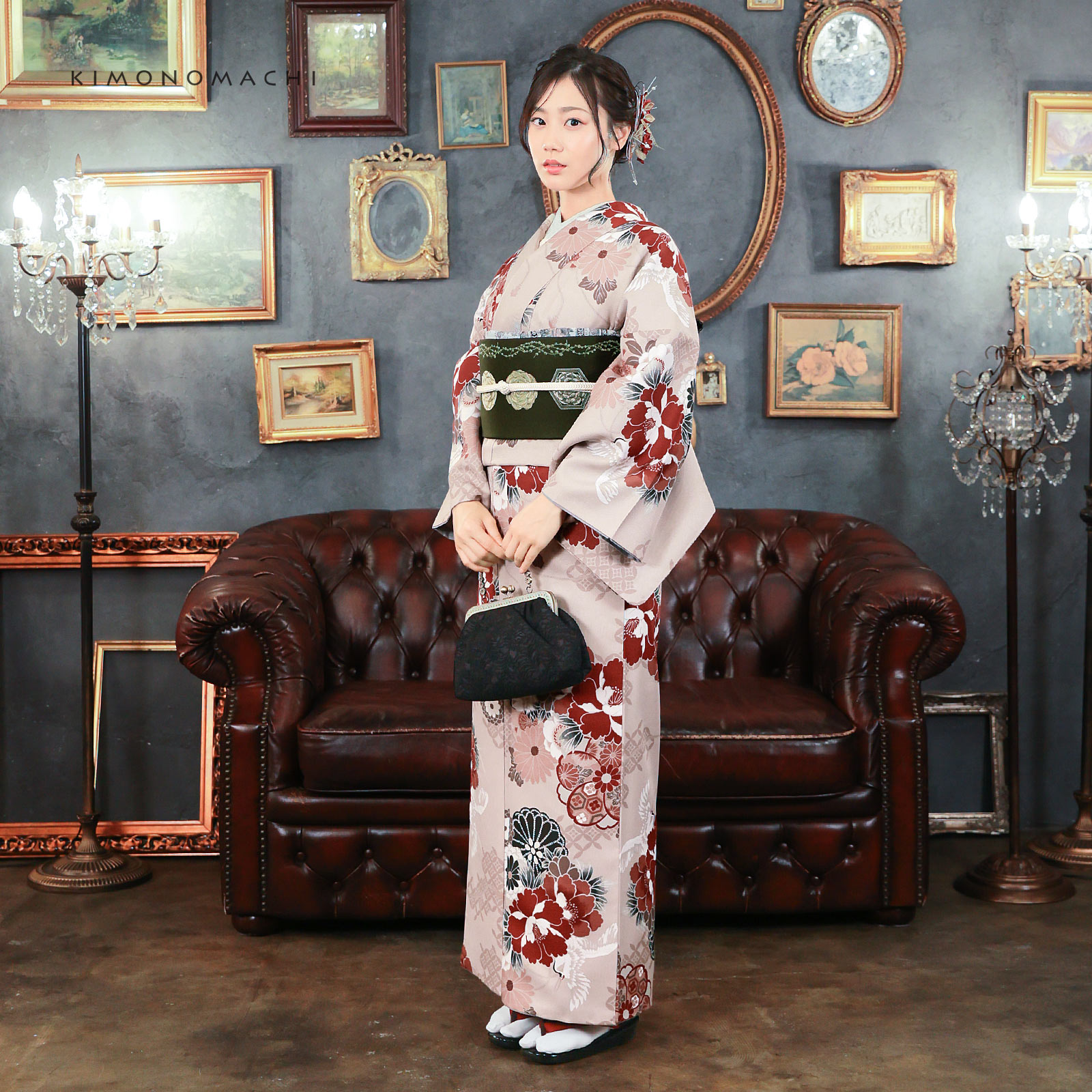 07鶴に花紋、ねじ桜　ペールピンク
