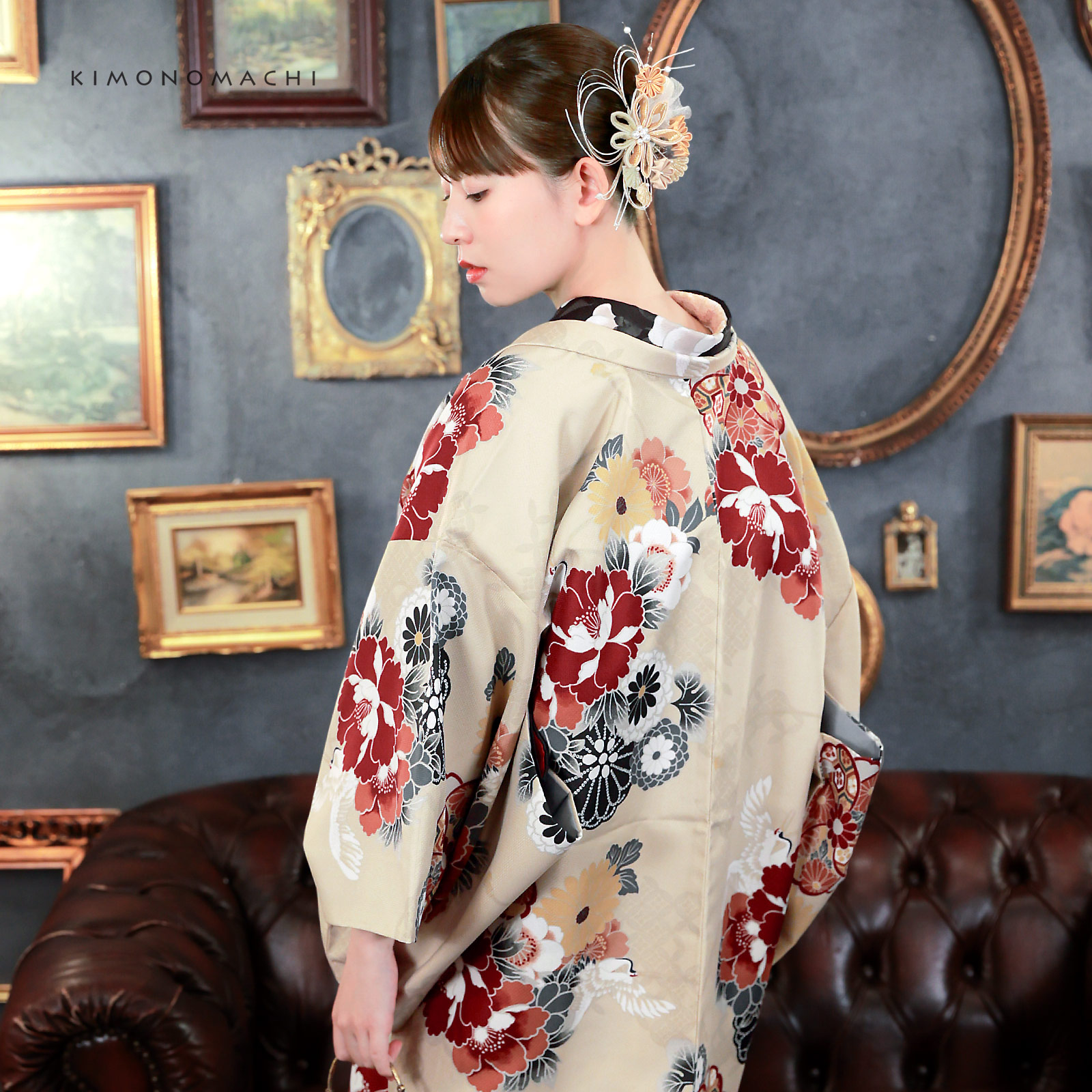 01.鶴に花紋、ねじ桜 ベージュ