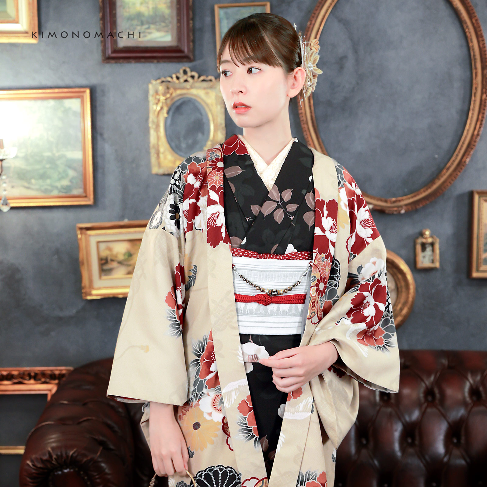 01.鶴に花紋、ねじ桜 ベージュ