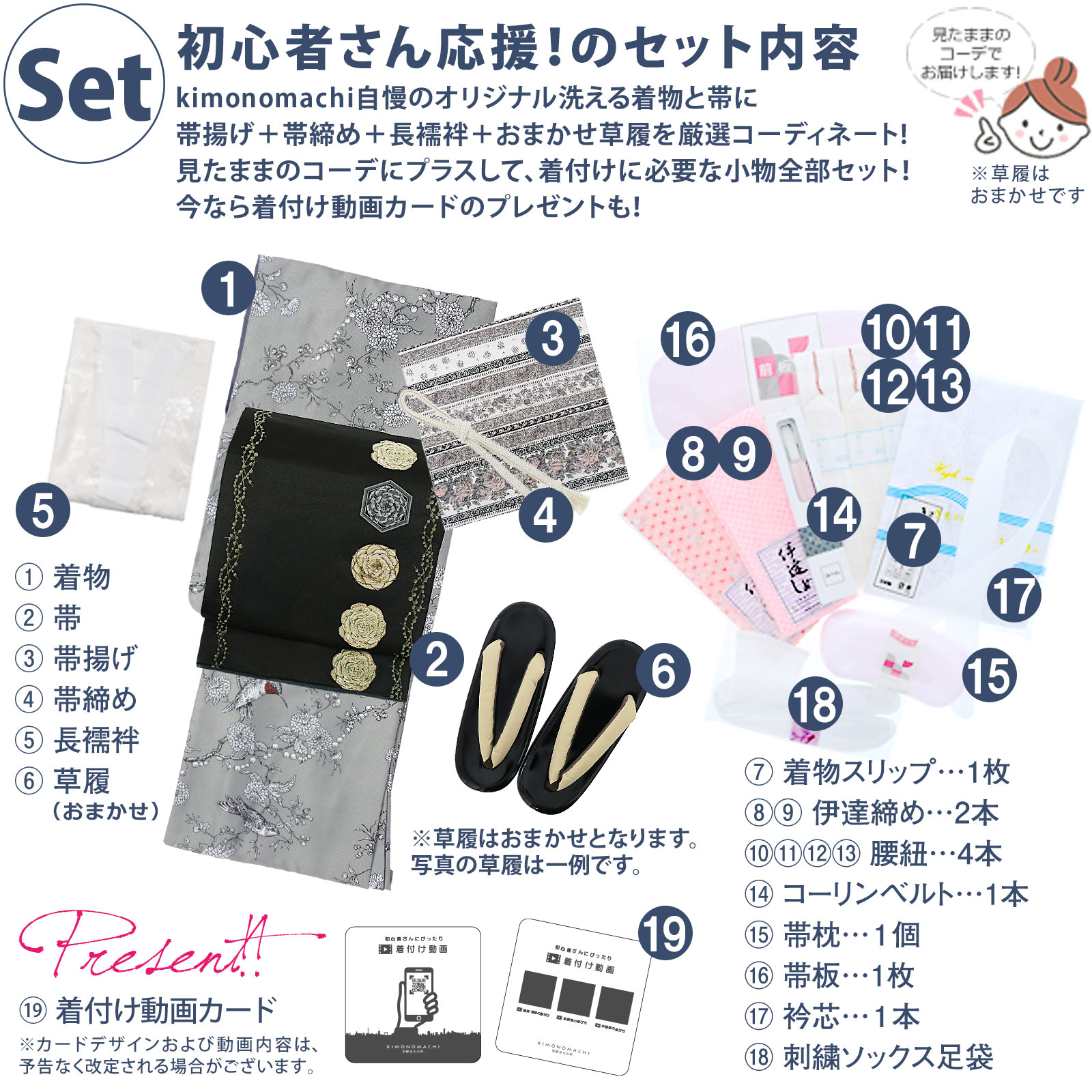はじめてのきもの 19点セット内容：04ハチドリにガーランド　グレー