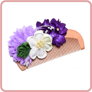 桃の木の櫛髪飾り「青紫色×白色のお花」