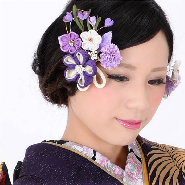 振袖髪飾り2点セット「青紫色系の小花、つまみのお花」