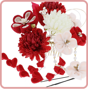 振袖髪飾り2点セット「赤色系のお花とつまみのお花、下がり飾り」