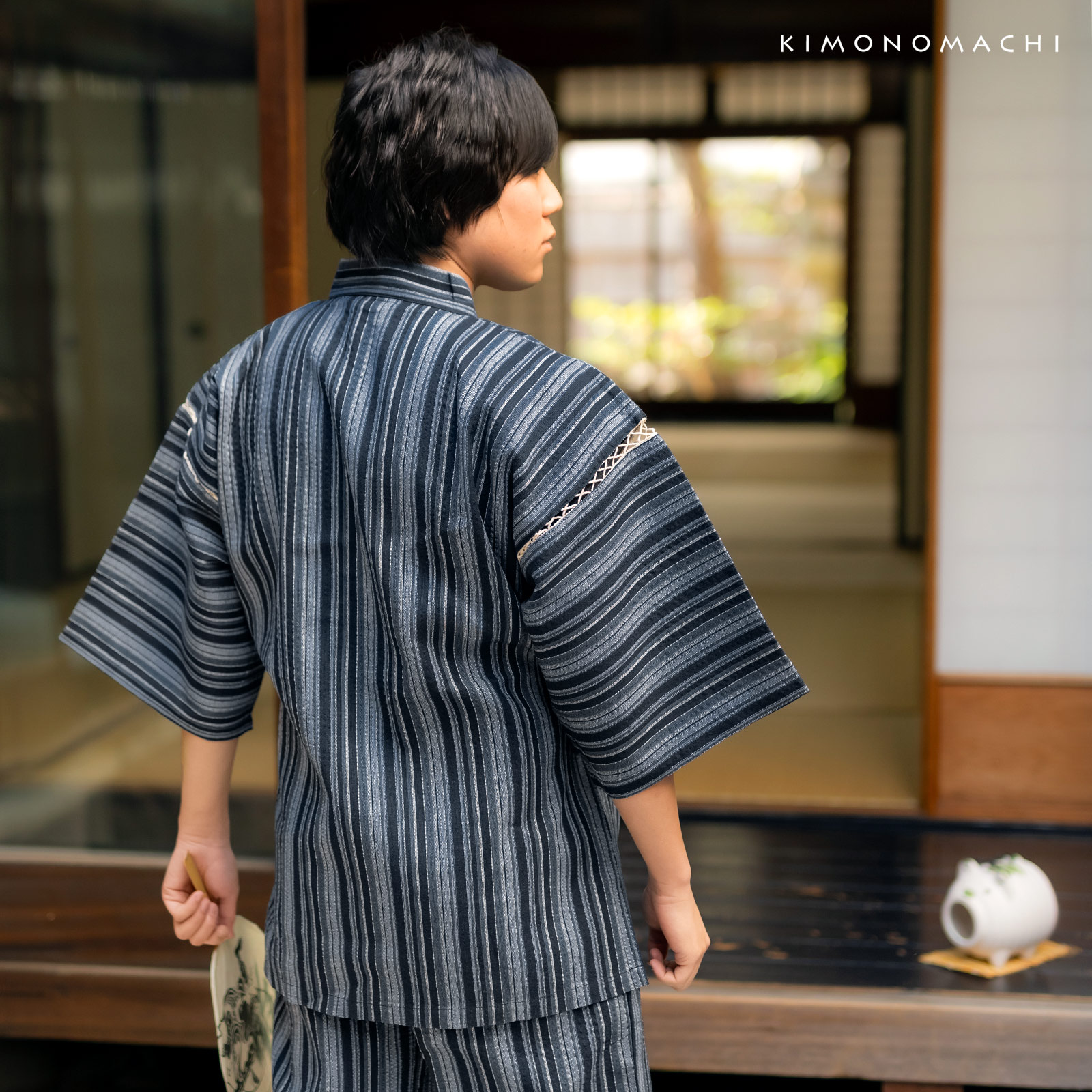 リサイクル糸使用甚平：紺　変わりかつお縞