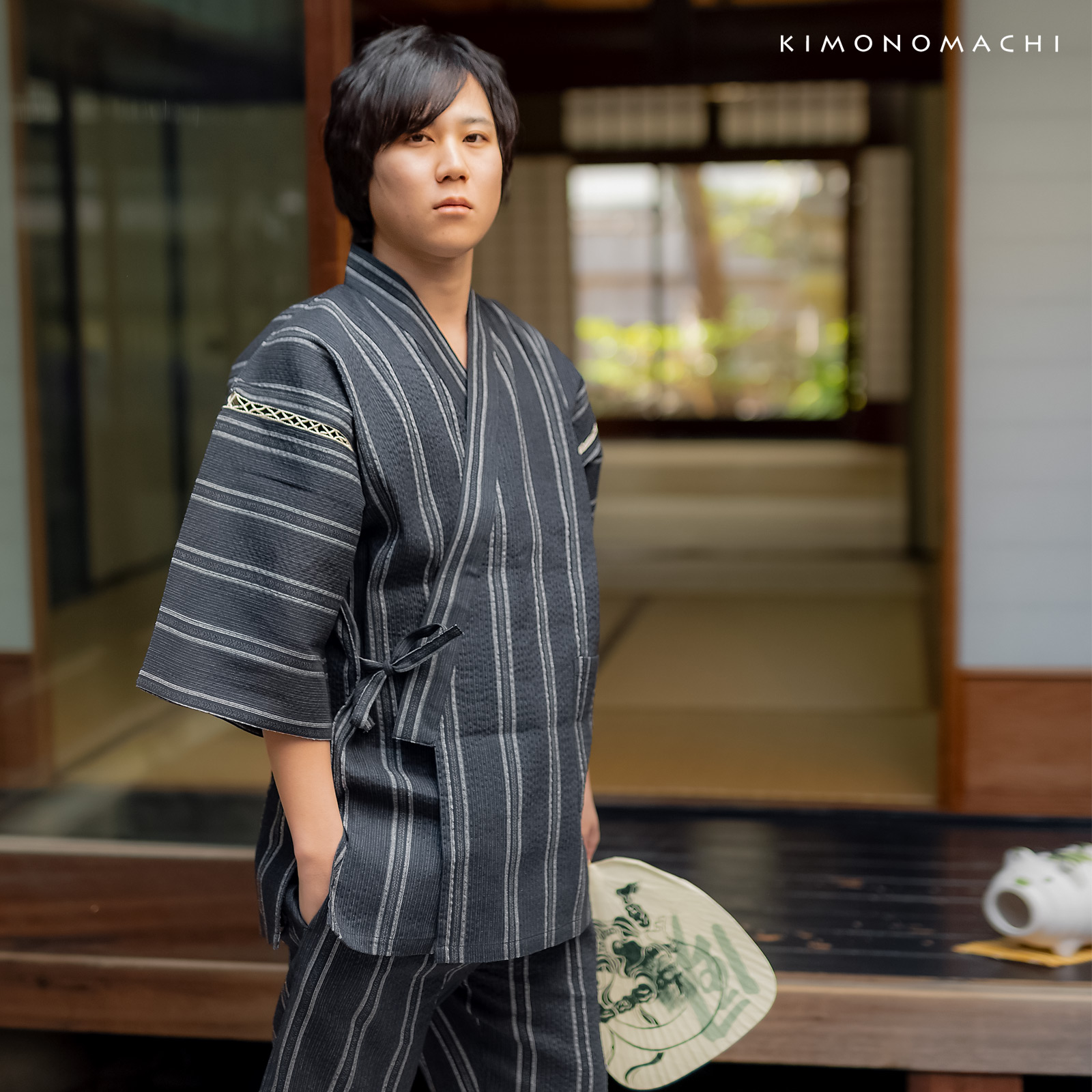 リサイクル糸使用甚平：黒地灰白　金通縞