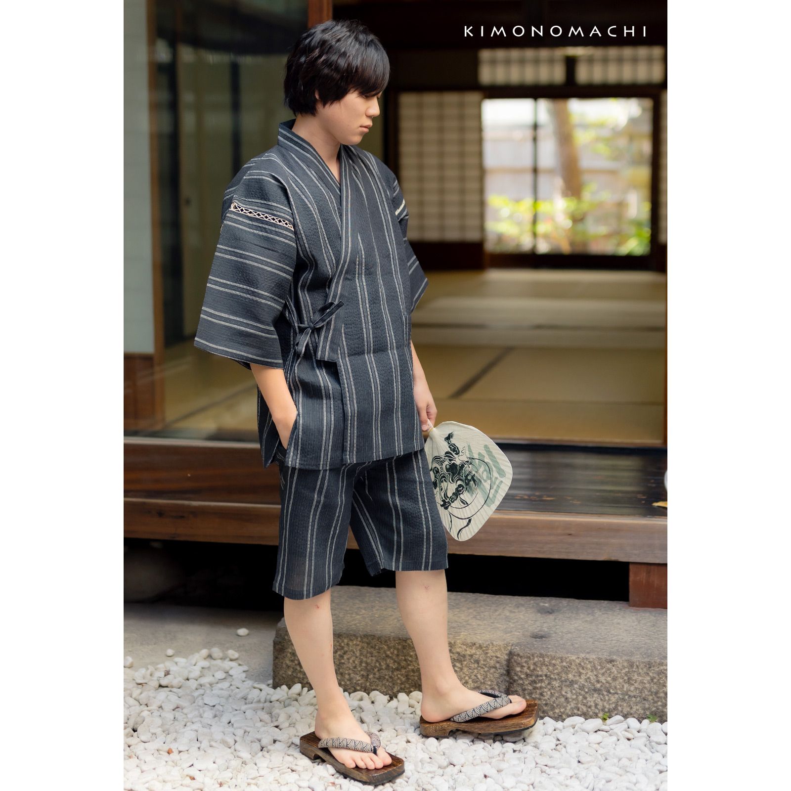 リサイクル糸使用甚平：黒地灰白　金通縞
