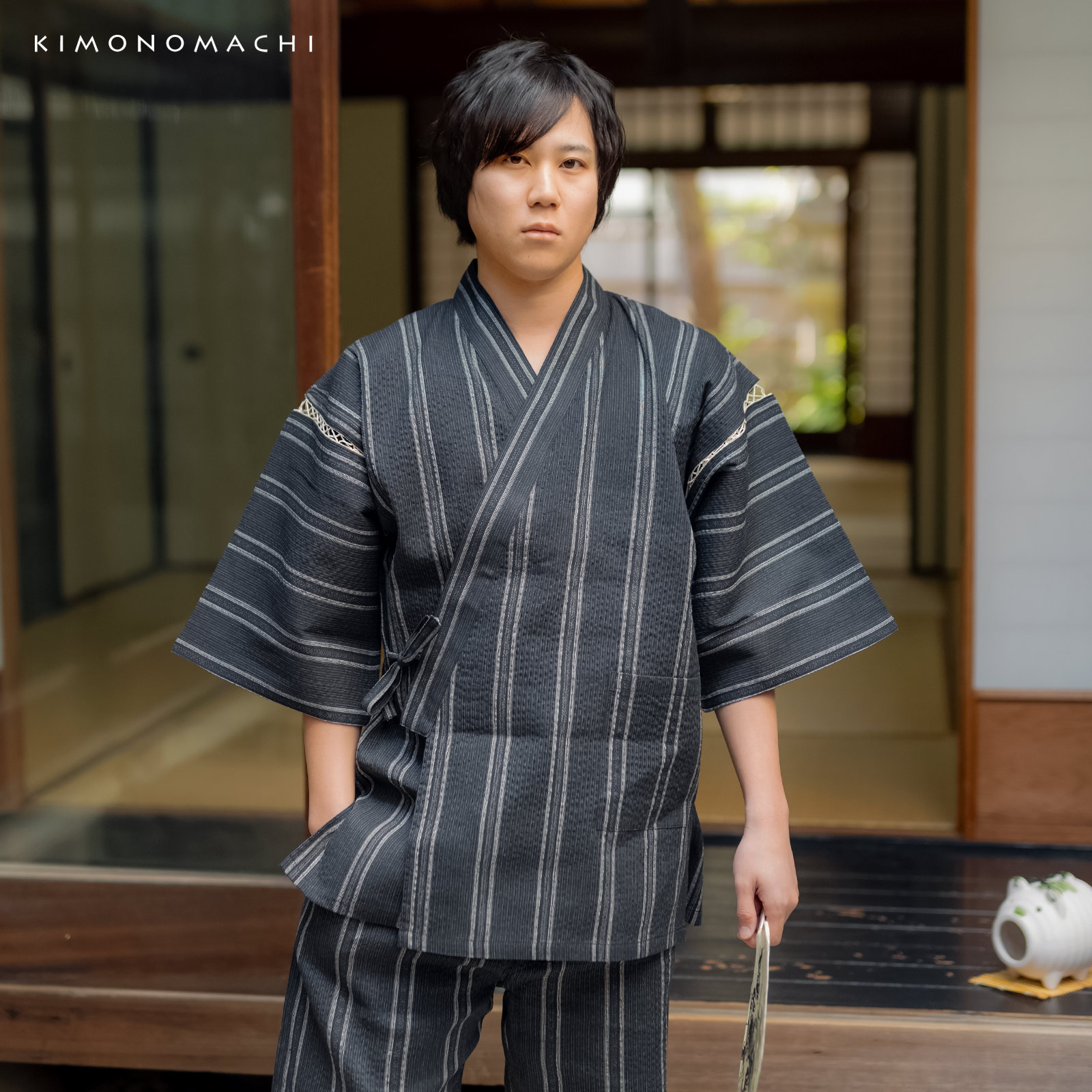 リサイクル糸使用甚平：黒地灰白　金通縞
