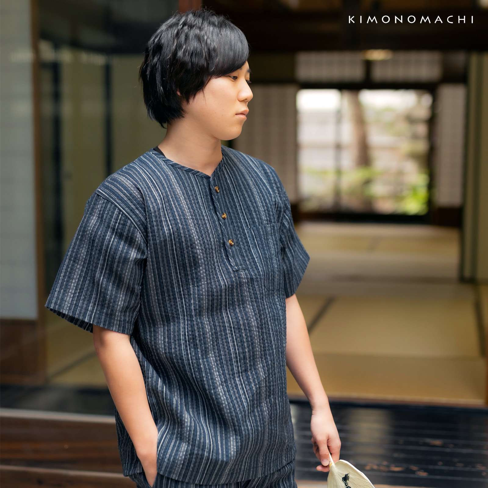 リサイクル糸使用ヘンリーネック甚平：三色やたら縞