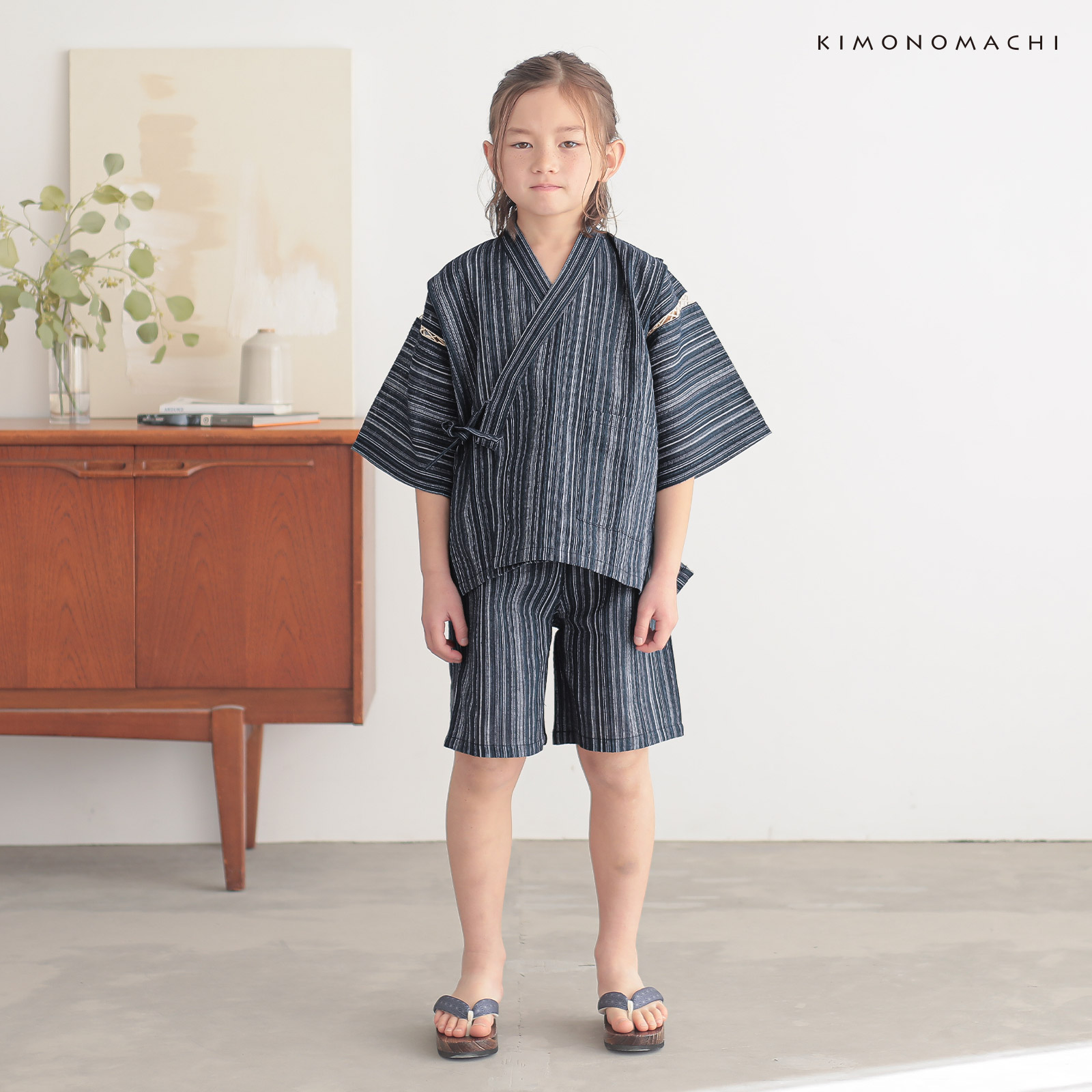 リサイクル糸使用男の子甚平：三色やたら縞