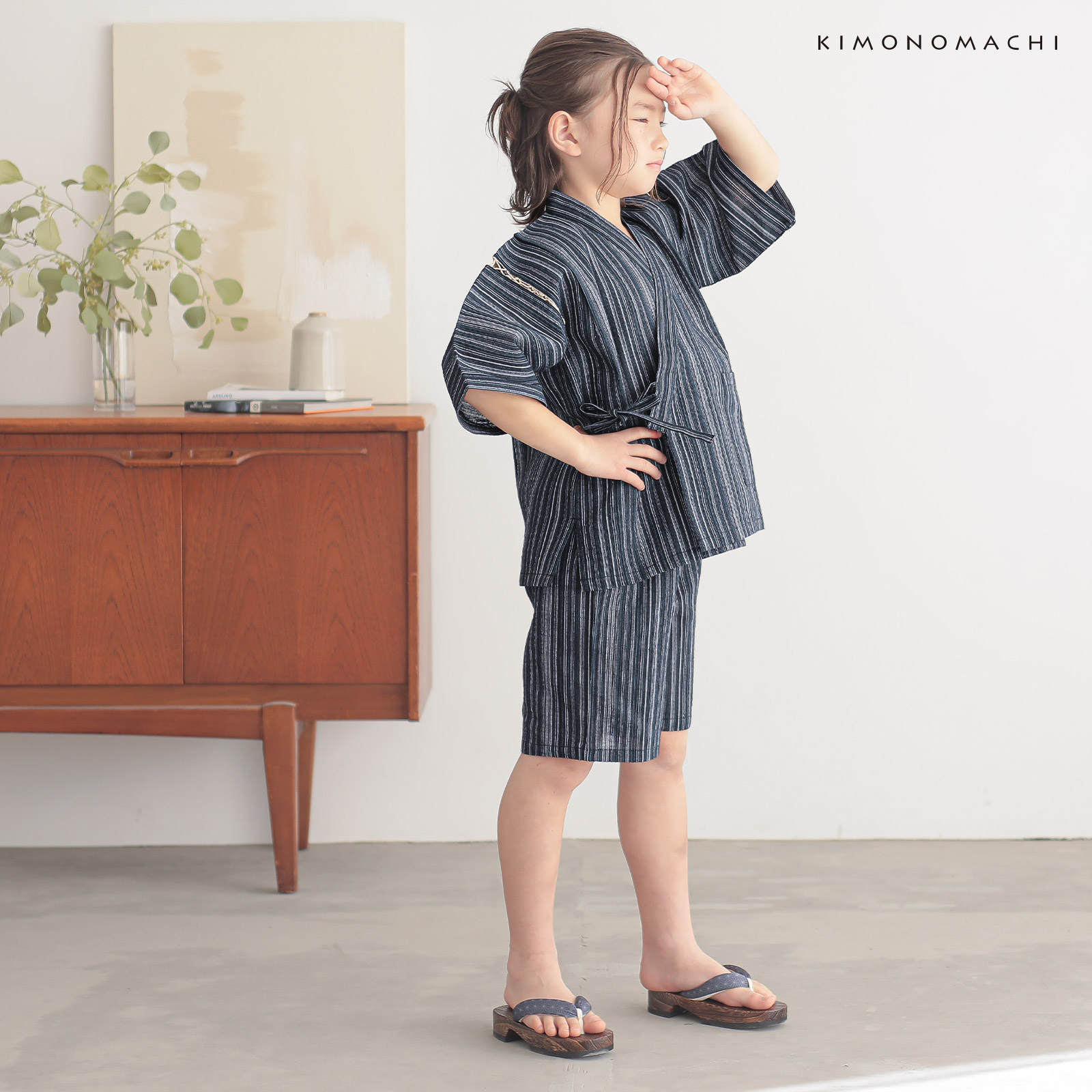 リサイクル糸使用男の子甚平：三色やたら縞