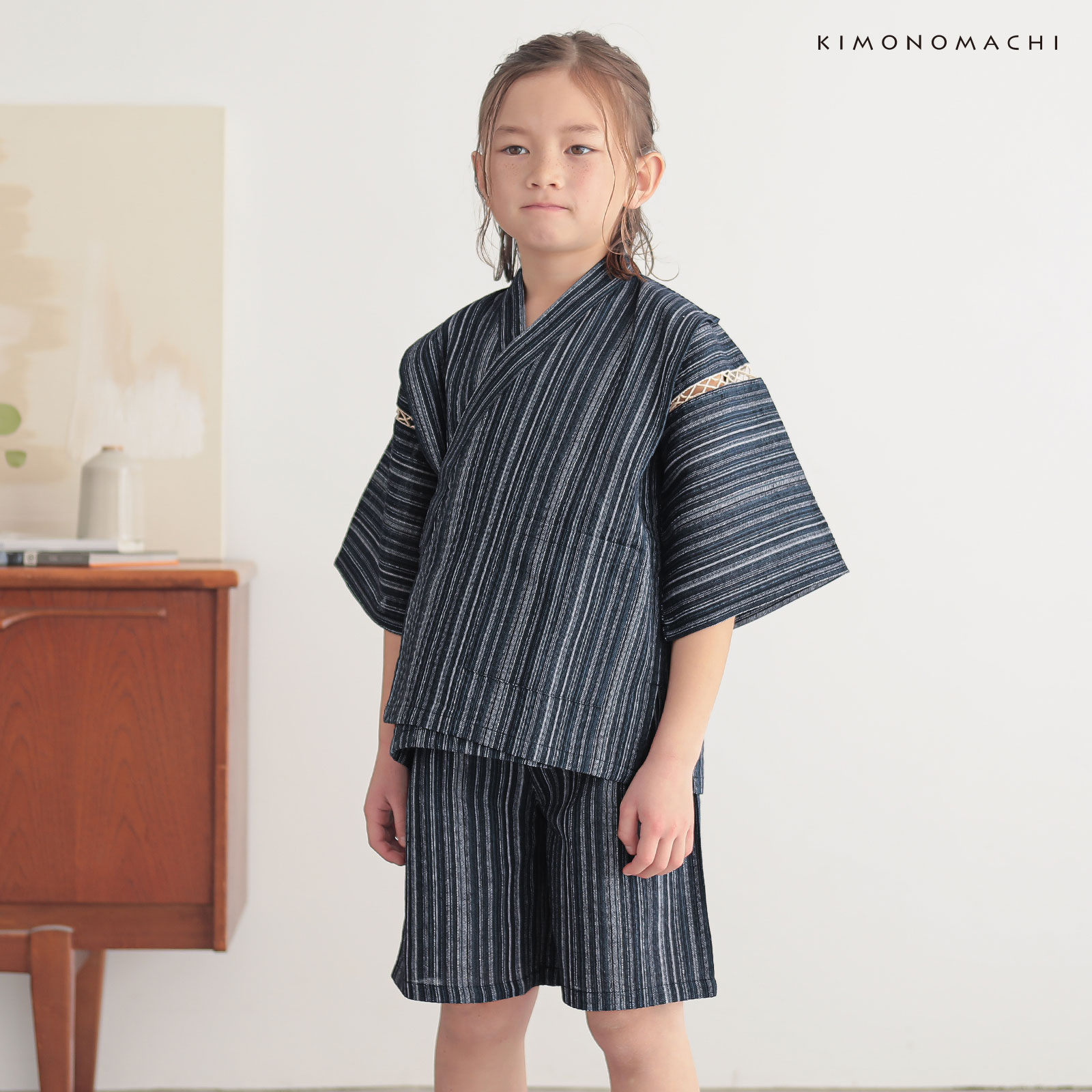 リサイクル糸使用男の子甚平：三色やたら縞