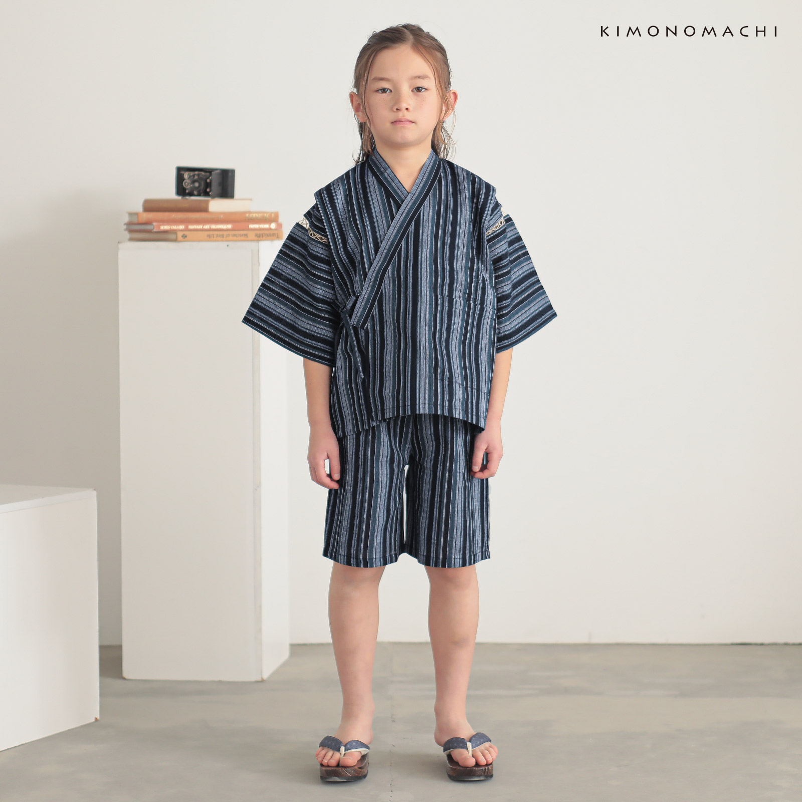 リサイクル糸使用男の子甚平：紺　変わりかつお縞