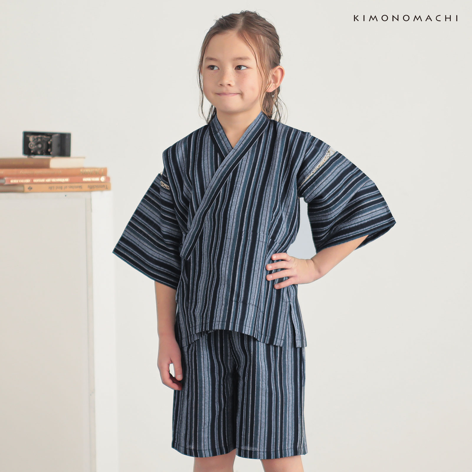 リサイクル糸使用男の子甚平：紺　変わりかつお縞