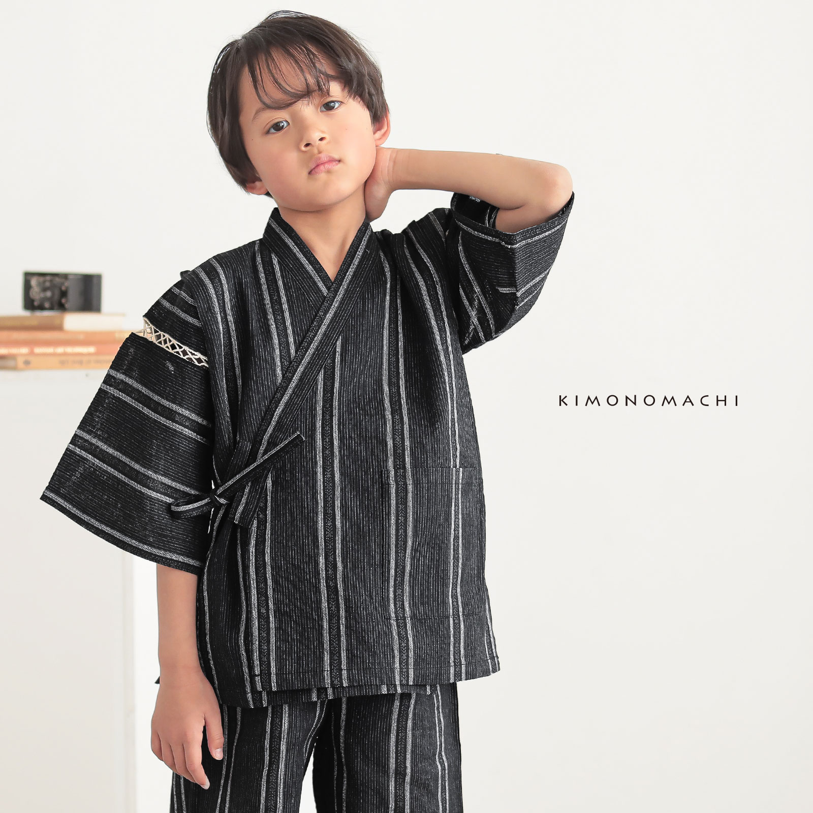 リサイクル糸使用男の子甚平：黒地灰白　金通縞