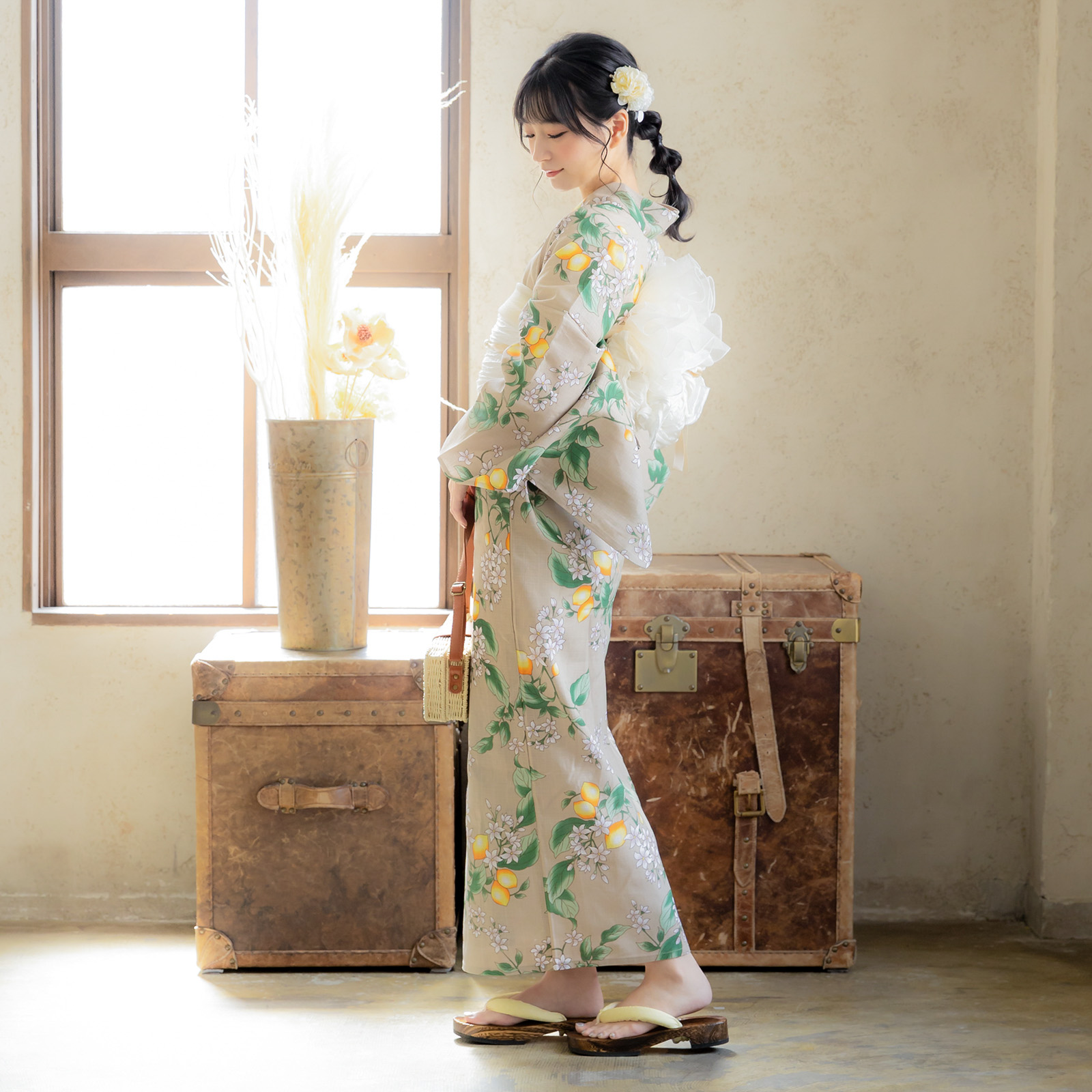綿女性浴衣：檸檬 サンドベージュ