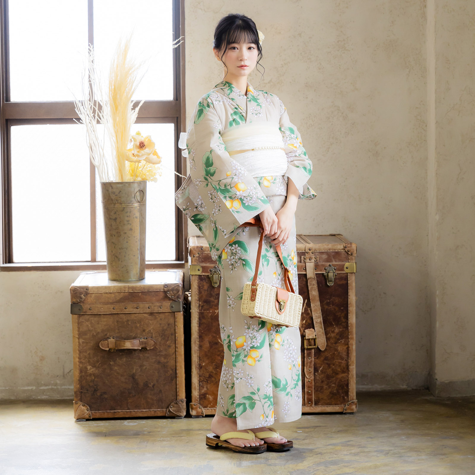 綿女性浴衣：檸檬 サンドベージュ