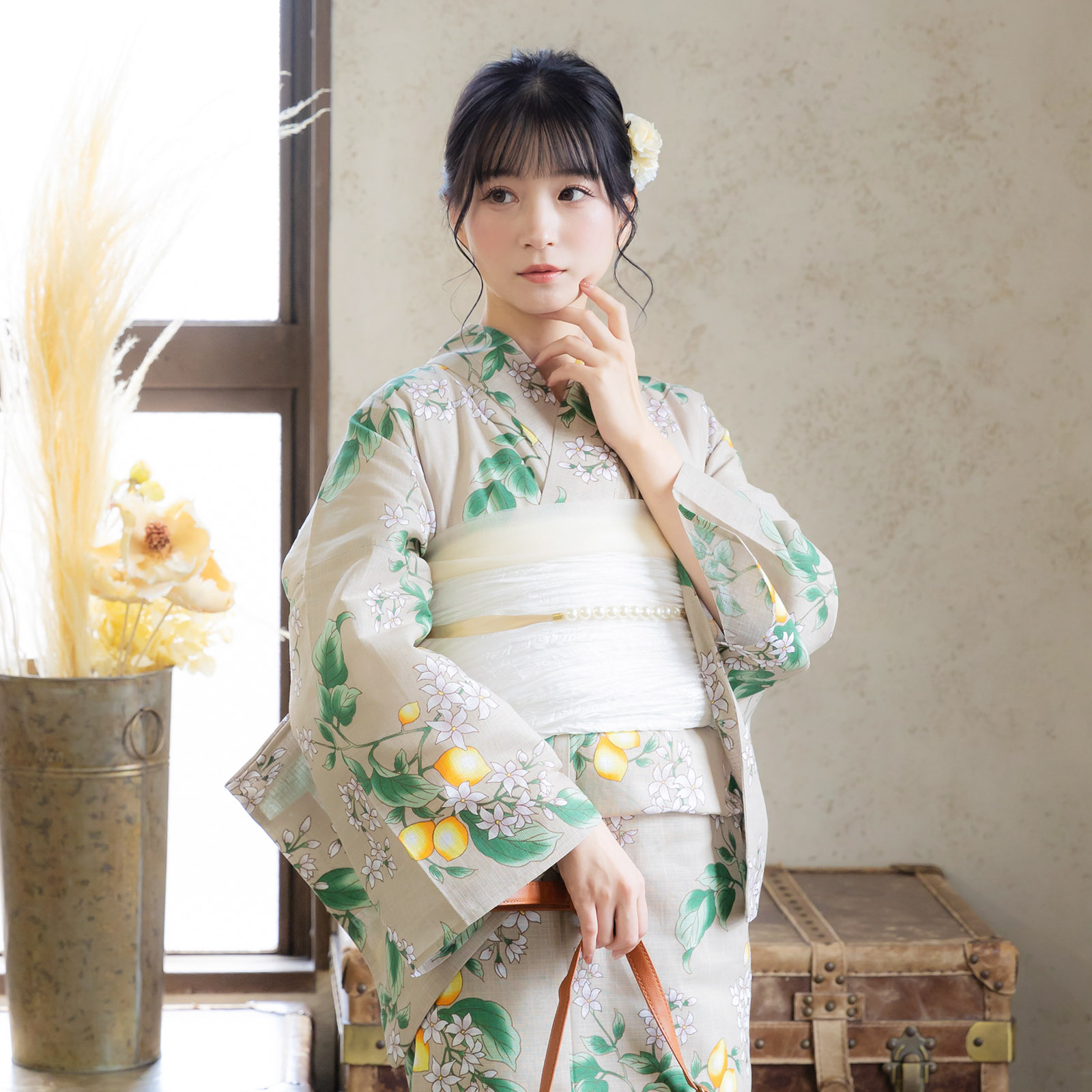 綿女性浴衣：檸檬 サンドベージュ