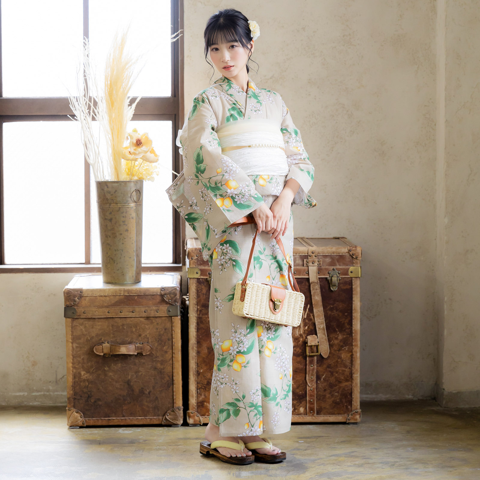 綿女性浴衣：檸檬 サンドベージュ