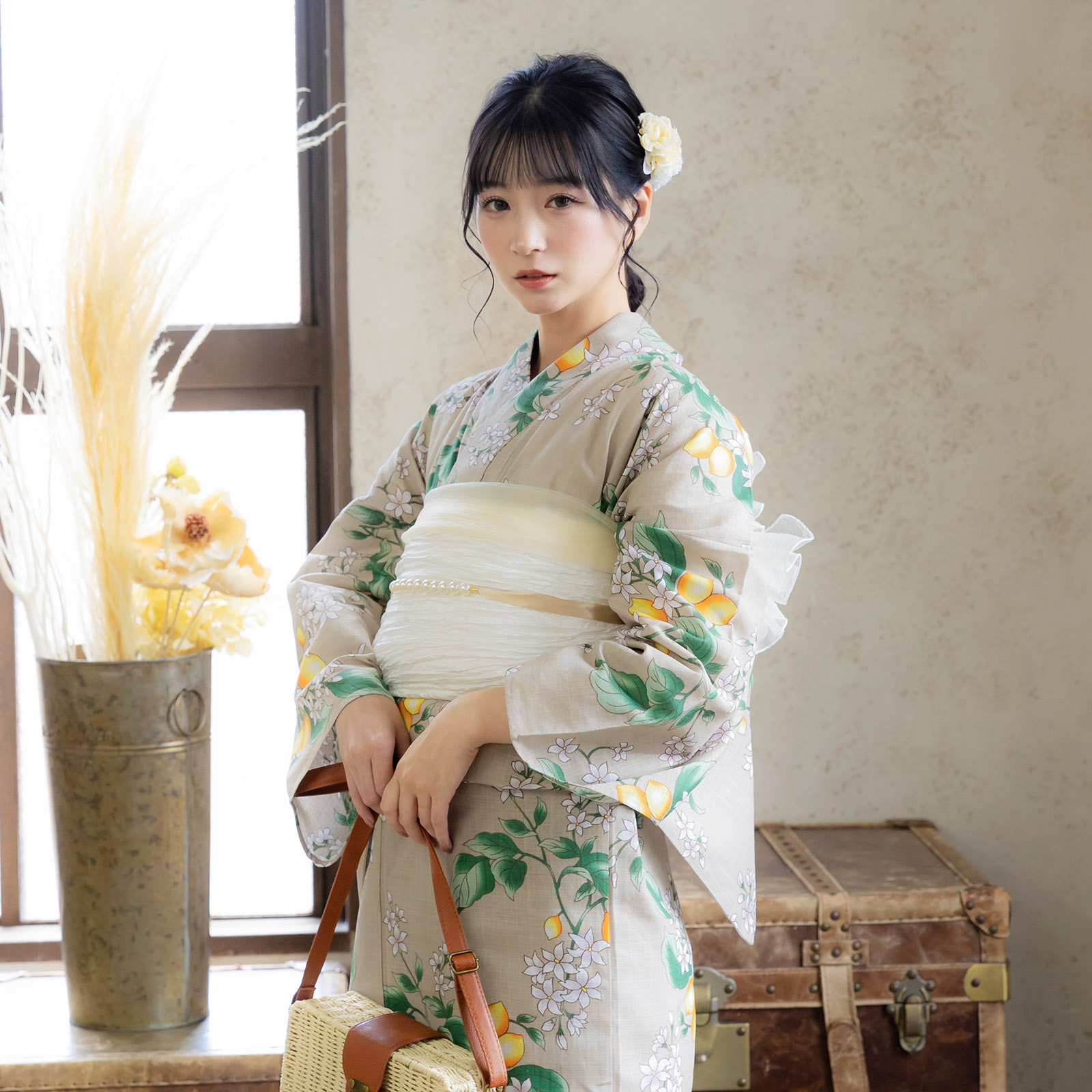 綿女性浴衣：檸檬 サンドベージュ