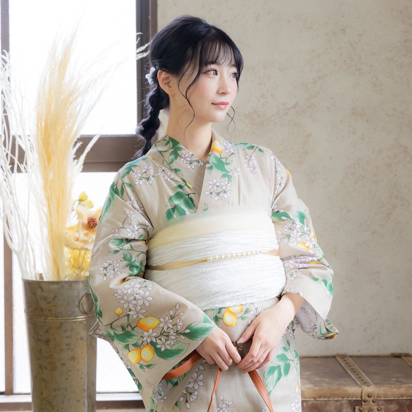 綿女性浴衣：檸檬 サンドベージュ