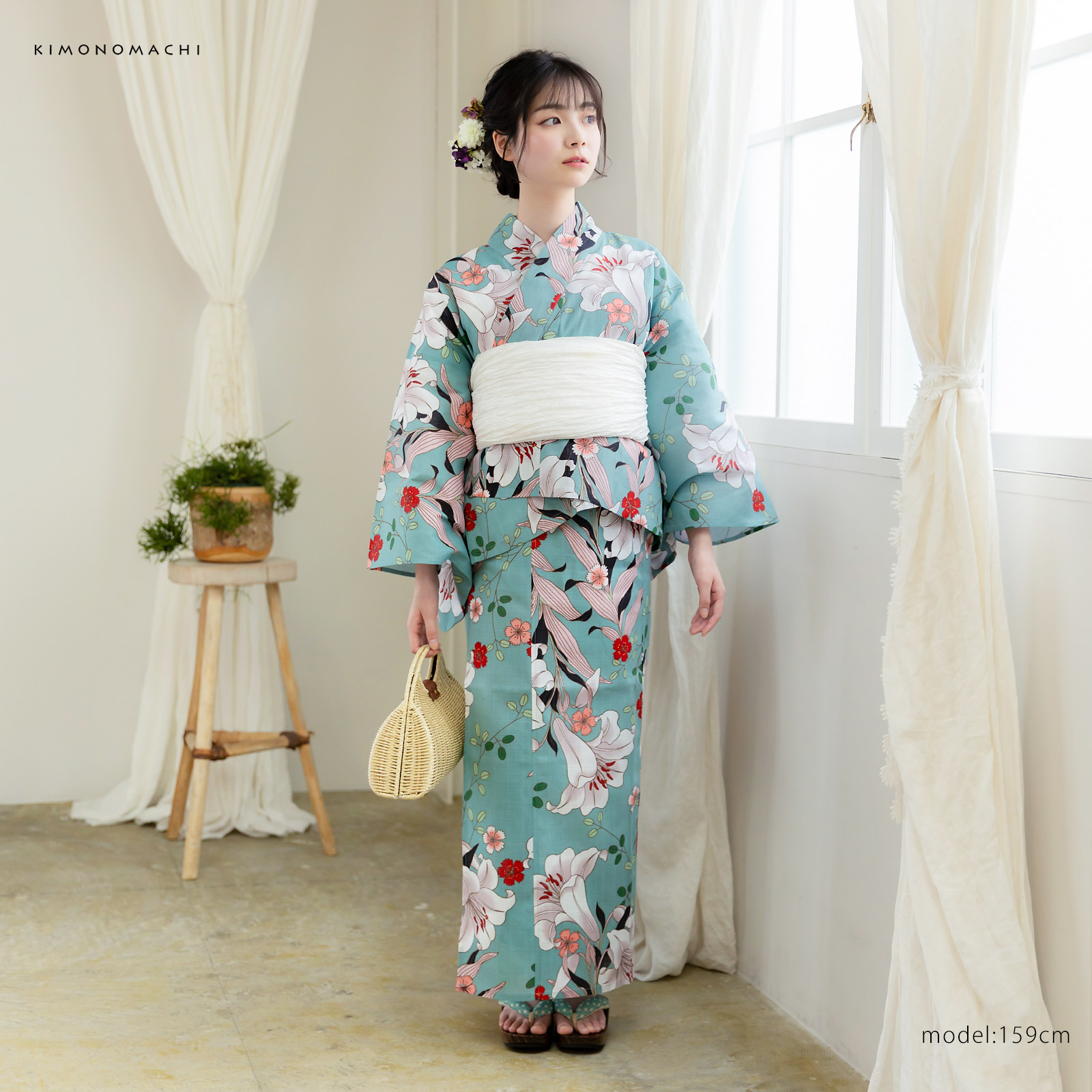 綿女性浴衣：白百合 水色