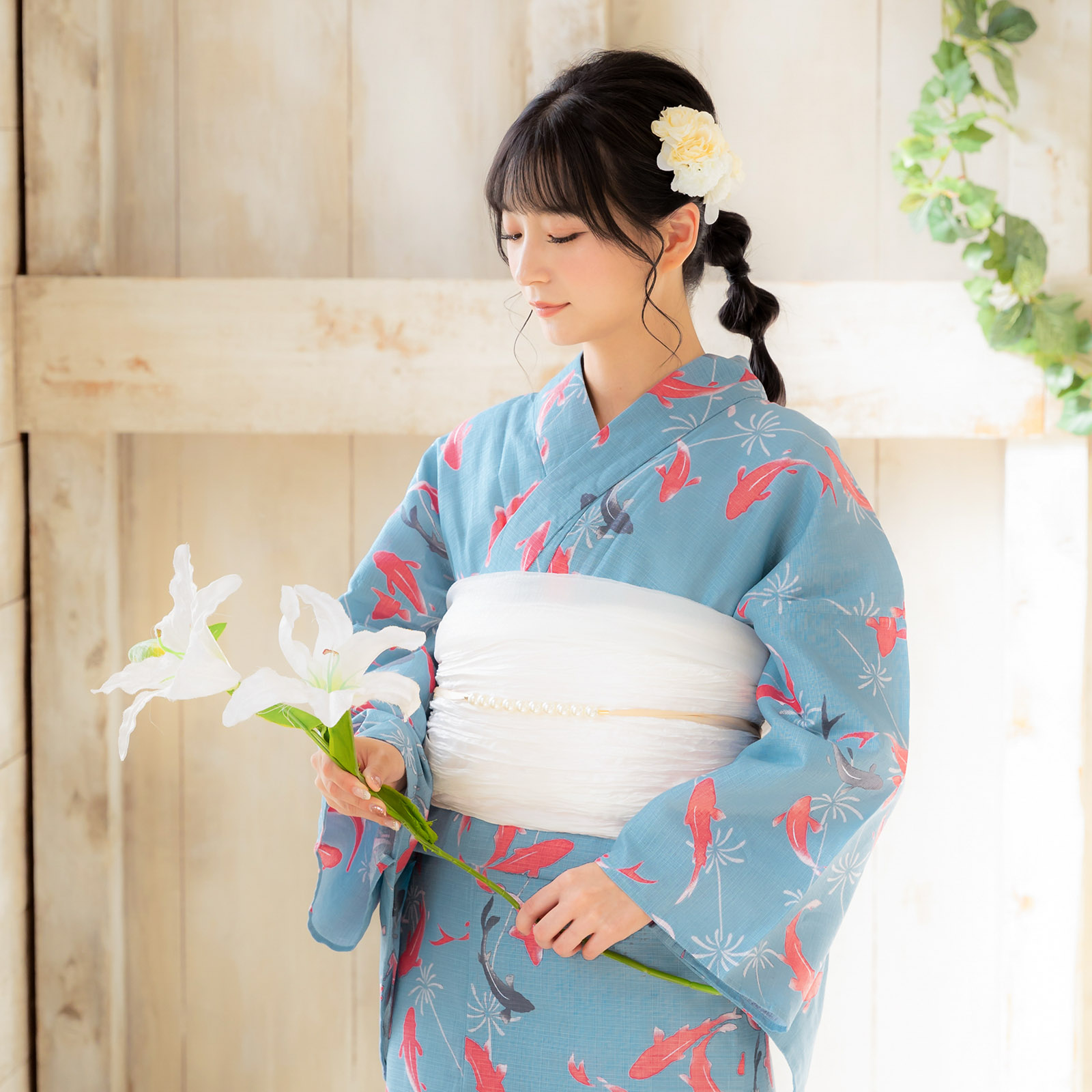 綿女性浴衣：金魚、ピンク×薄墨 スモークブルー