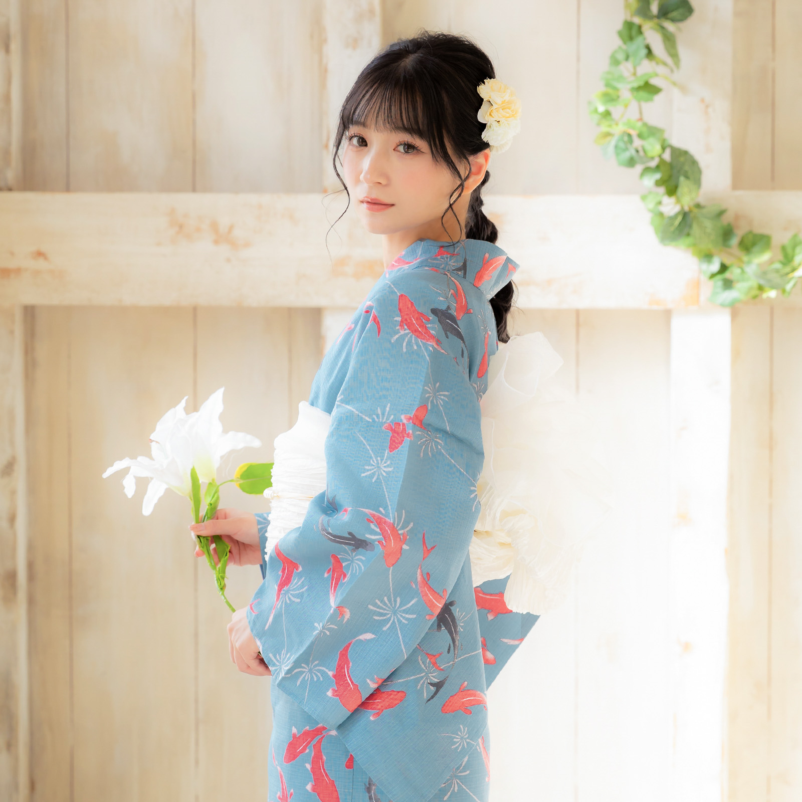 綿女性浴衣：金魚、ピンク×薄墨 スモークブルー