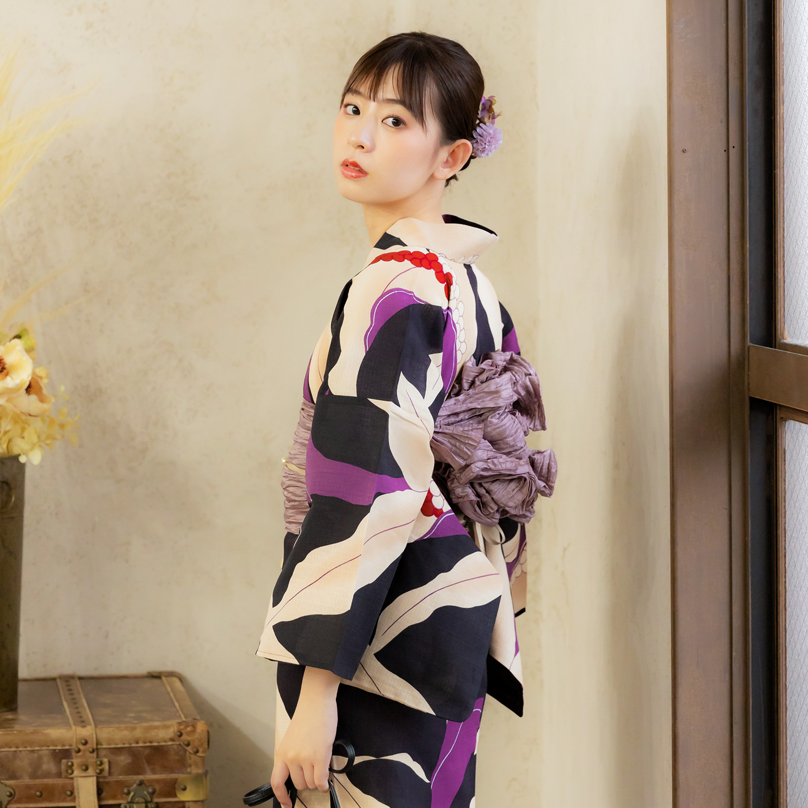 綿女性浴衣：万年青 紫